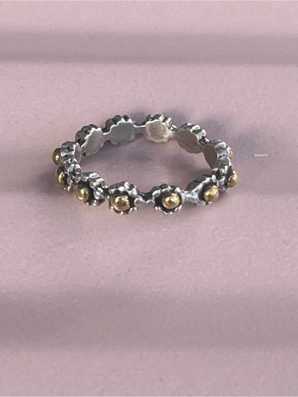 Two Tone Sterling Silver Flower Bead Eternity Ring Oxidized Boho Size 5